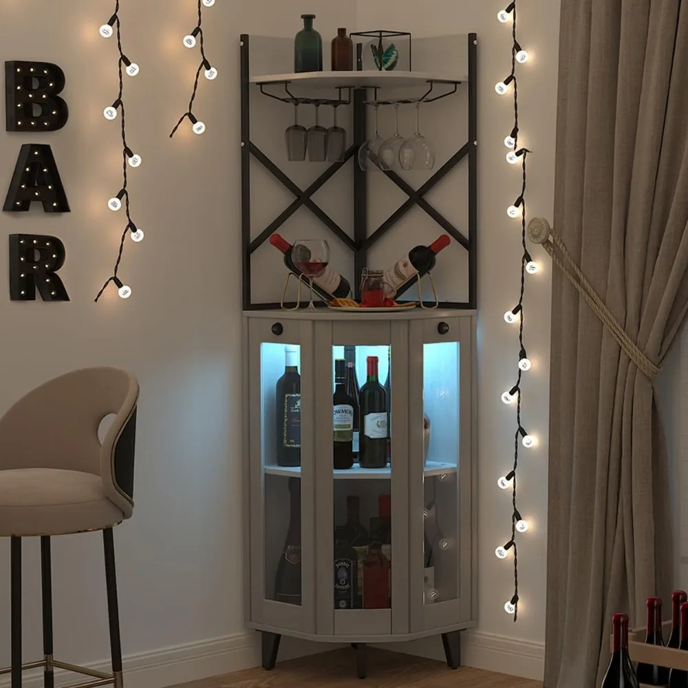 Corner Wine Cabinet with Locking Door, Alcohol Cabinet with Light, Lockable Bar with Glass Door for Home Bar & Wine Cabinets