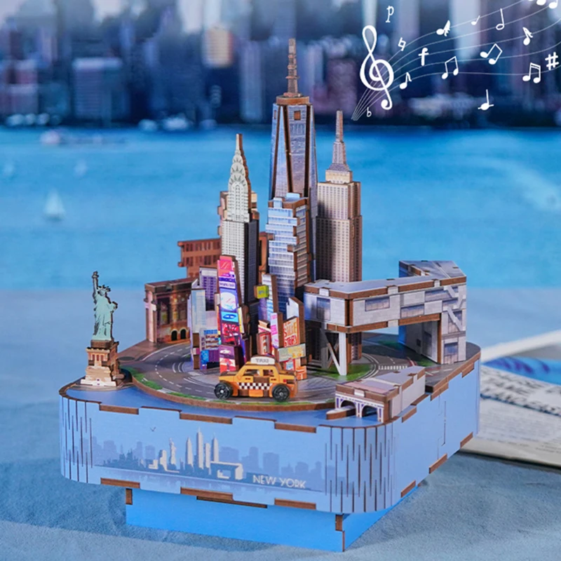 DIY 3D Wooden New York Street View Music Box Miniature Model Kits Jigsaw Puzzles With Light Can Move for Children Birthday Gifts