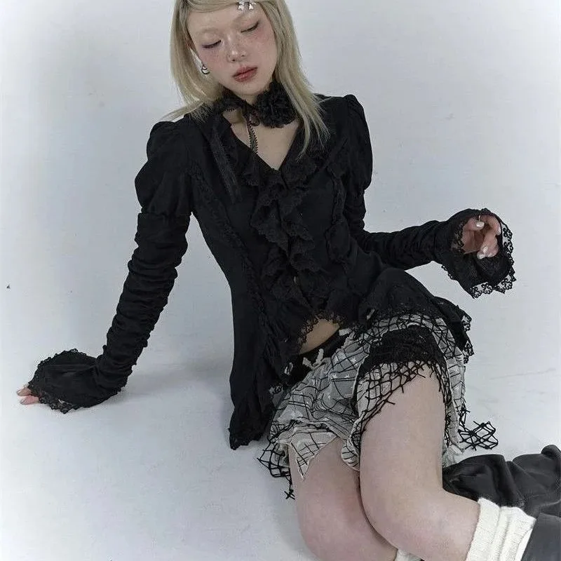 ヴィンテージ ボディコン フォールド Tシャツ フレア袖 カジュアル 中世風 プリンセススタイル レース 透かし彫り 無地 レディースブラウス 2025年秋