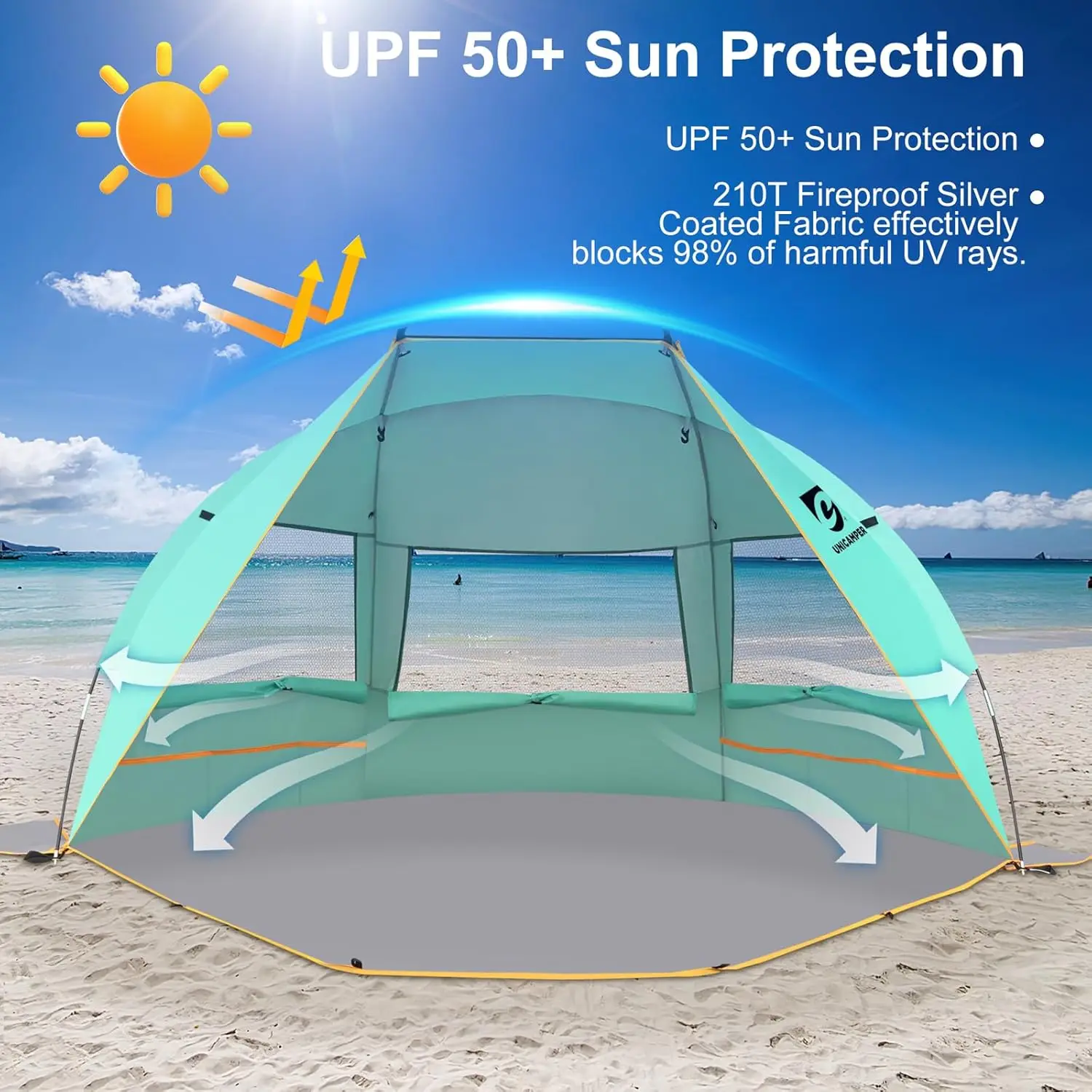 Beach Tent 3 Person Sun Shelter UPF 50+ with Extended Waterproof Pe Floor & 3 Mesh Roll Up Windows Fits