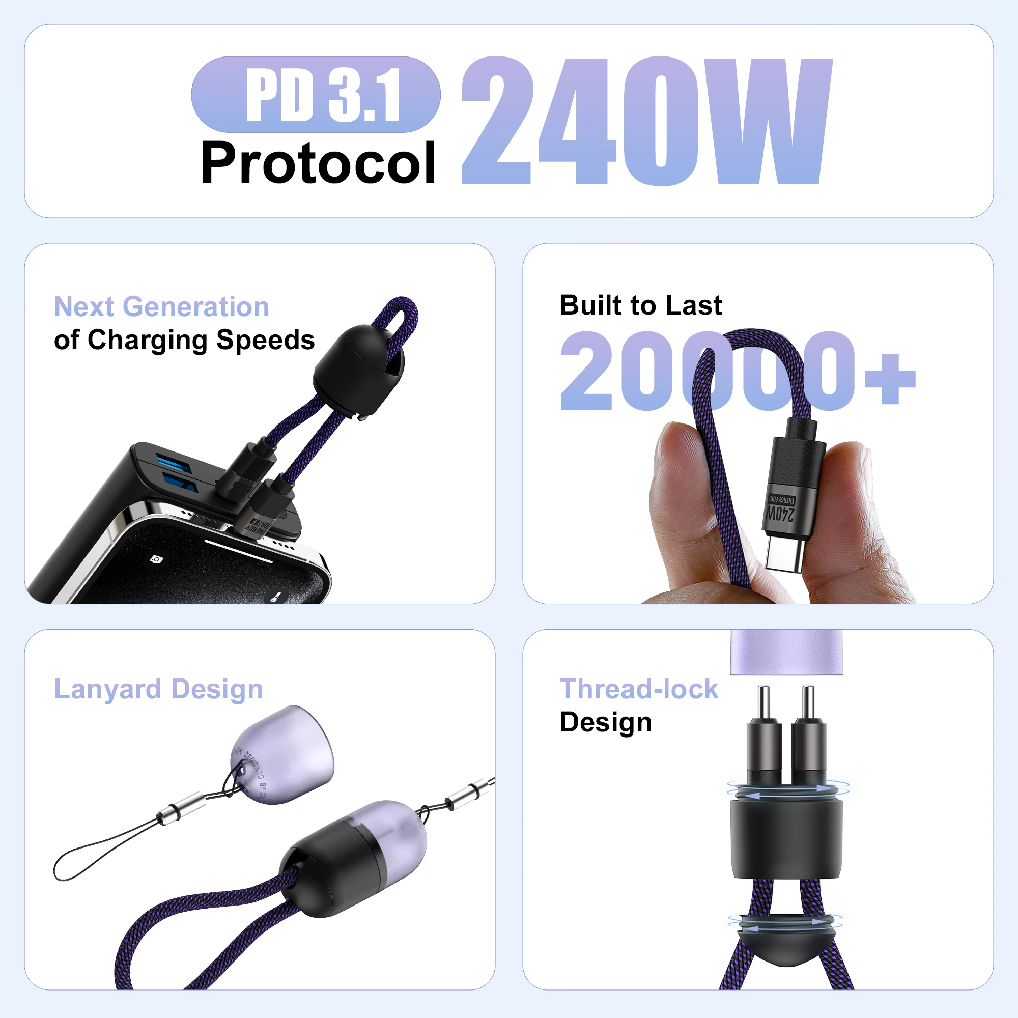 Llavero con cordón PD de 240W, Cable de carga rápida tipo C a tipo C, 20cm, USB C, transferencia de datos para Xiaomi, Samsung, iPhone 16