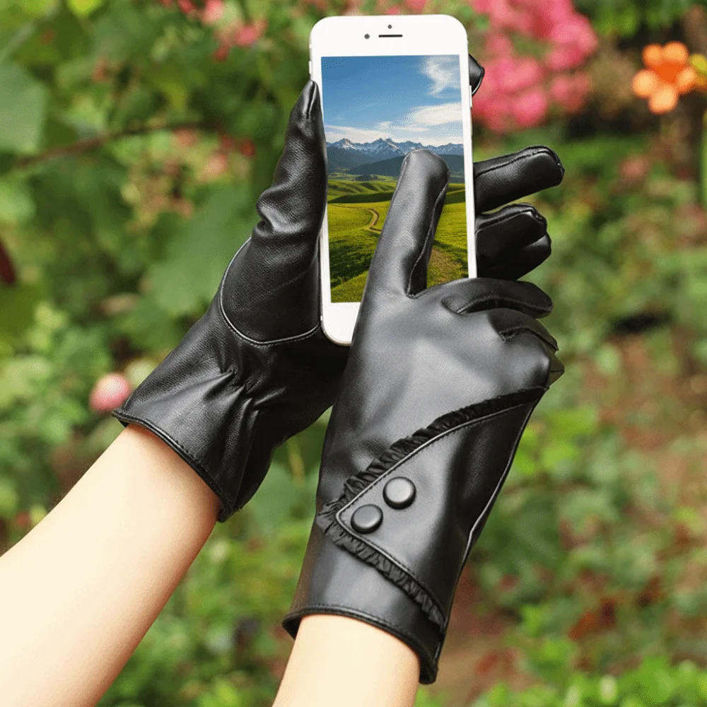 

Модные зимние теплые перчатки с сенсорным экраном, черные перчатки из искусственной кожи с кружевной отделкой, ветрозащитные перчатки с термоизоляцией для езды на велосипеде на открытом воздухе