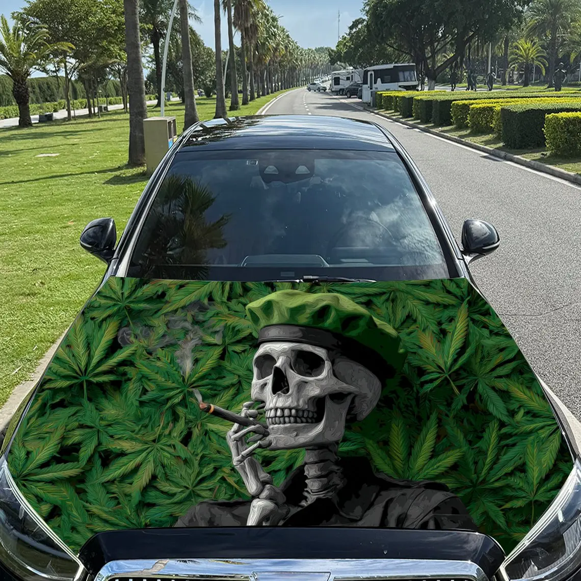 Green-bereted Smoking Skull Pattern Car Hood stickers , PVC Material Multifunctional Car Hood Stickers, Scratch-Resistant & Fade