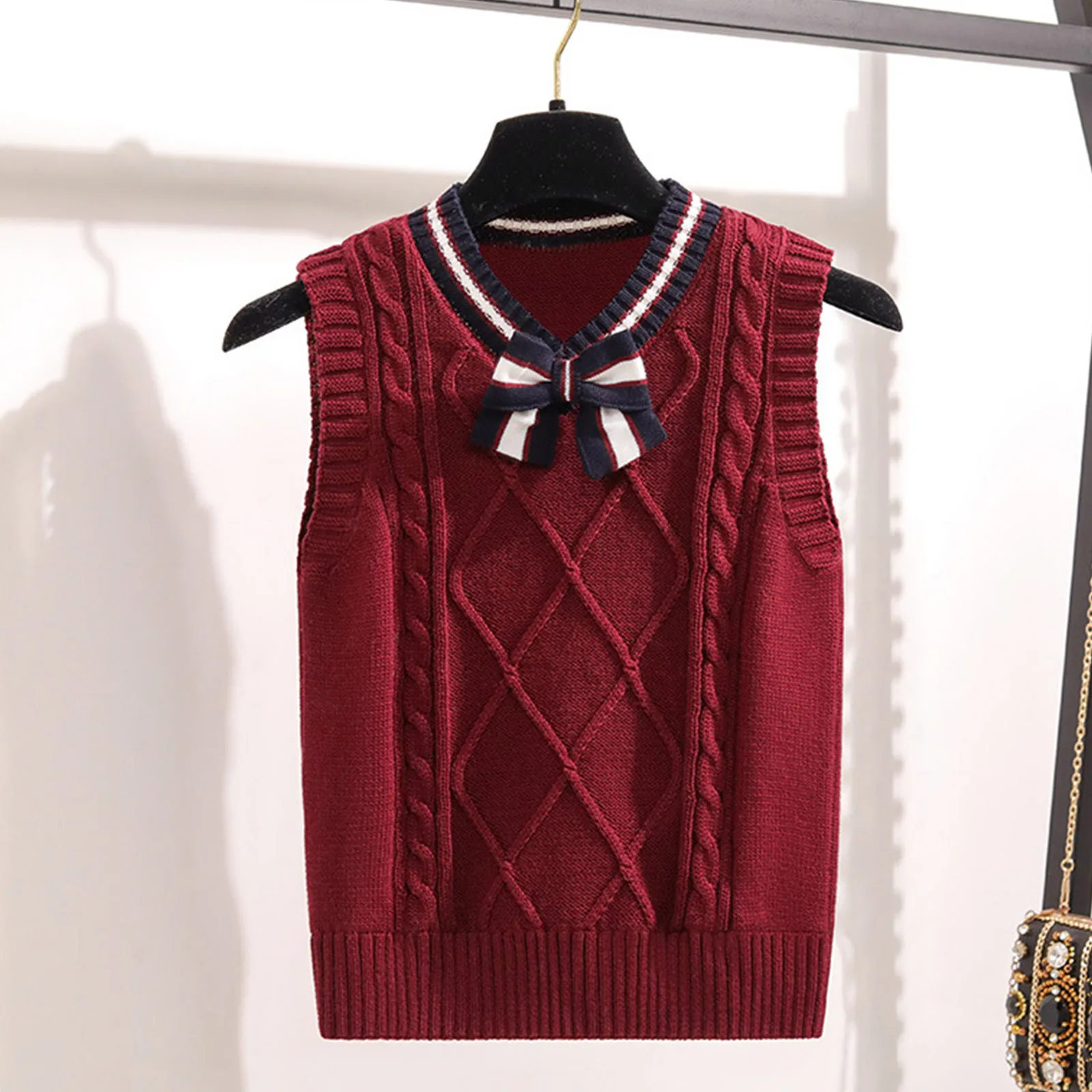 Kids Girls School Uniform Twisted Knitted Vest V Neck Sleeveless Sweater Japanese Style Outerwear Y2K Autumn Pullover Tops