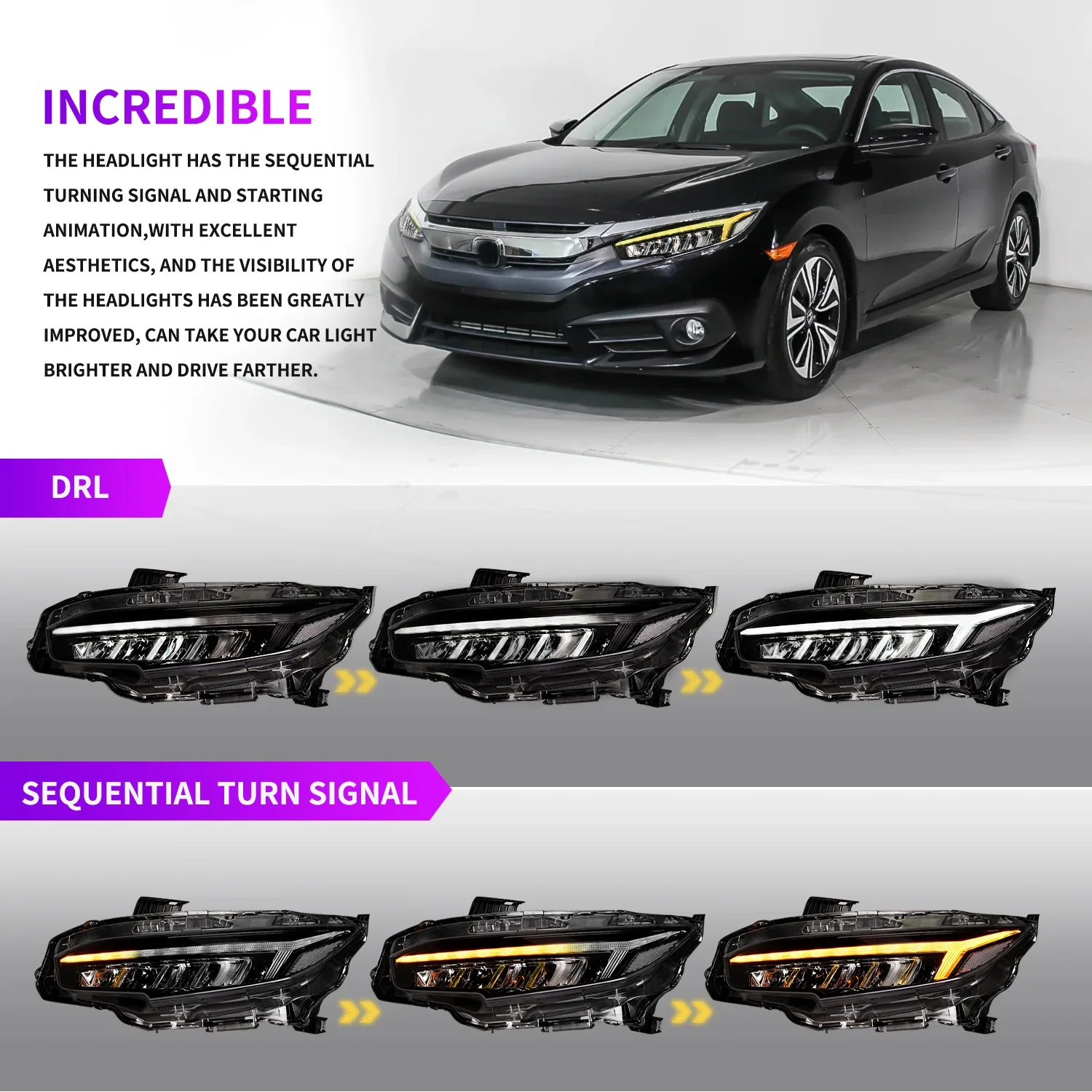 

Автомобильные светодиодные фары в сборе для HONDA Civic 2016-2021 RGB, авто противотуманные фары DRL, стоп-сигнал поворота, лампа Plug and Play