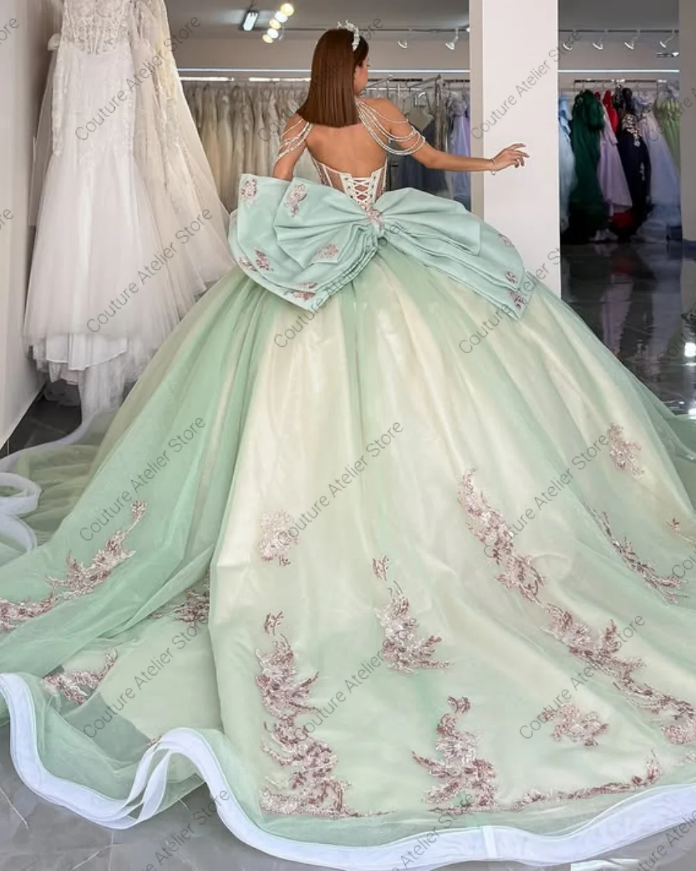 Fascinating Sage Green Off The Shoulder Beaded Corset Quincenara Dress Bow Tulle Ruched Wedding Dresses Luxury 2024 Customized
