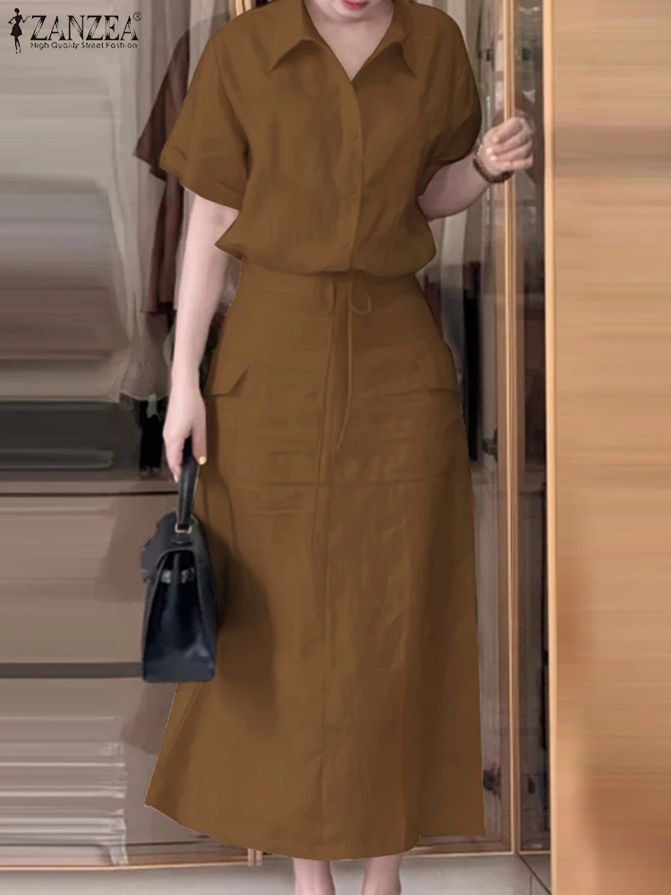 

2PCS Summer Women Work Matching Sets ZANZEA Fashion Outfits Skirt Suit Short Sleeve Shirt Dress Sets Solid Office OL Tracksuits