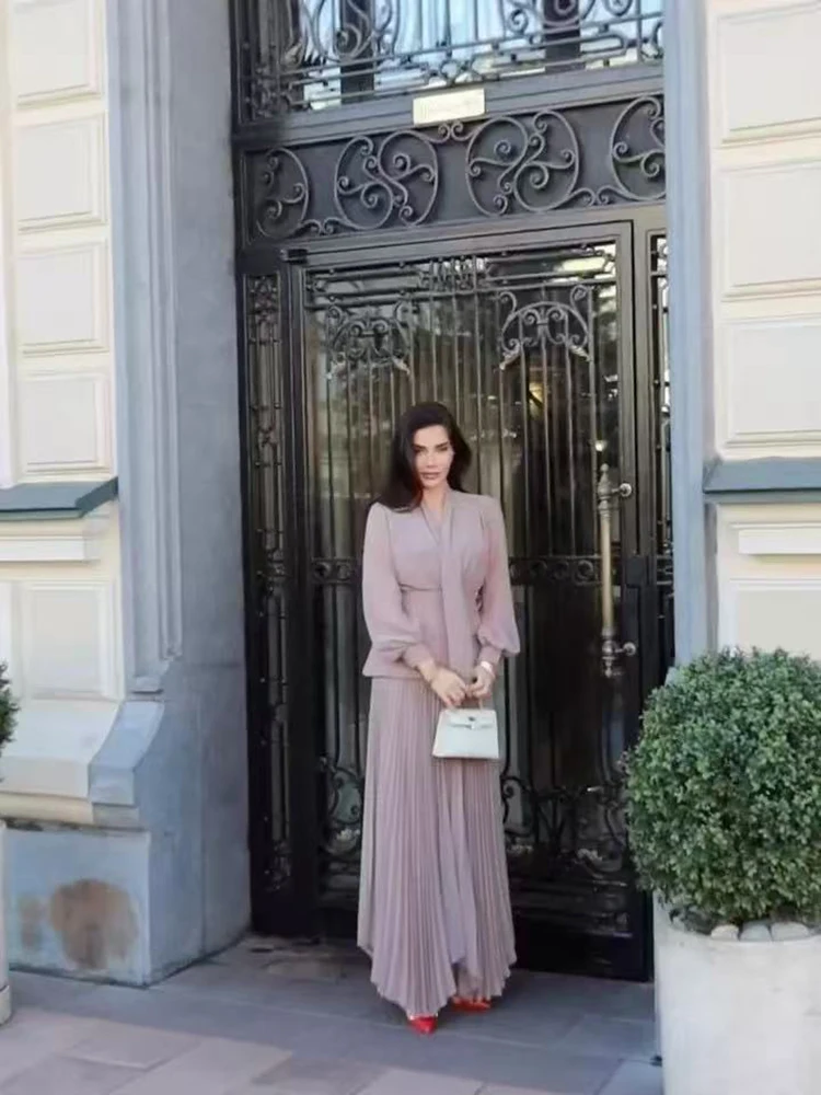 Casual Lady Solid Color Loose Commute 3 Piece Sets Temperament High Waist Set Fashion V-neck Chiffon Long Sleeve&Half Skirts Set - Image 6