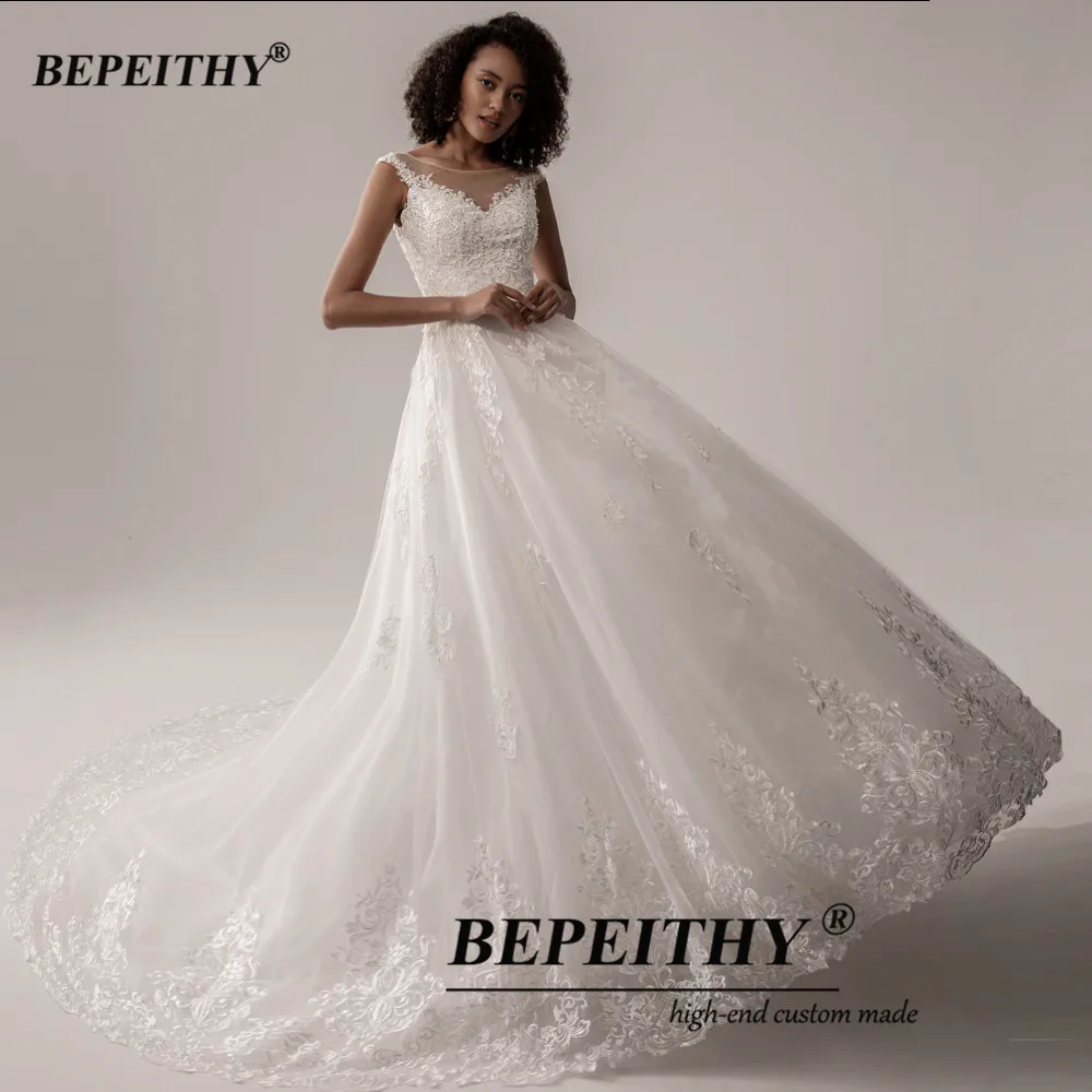 BEPEITHY – robe de mariée de forme trapèze, en dentelle, grande taille, sans manches, avec traîne, pour femmes