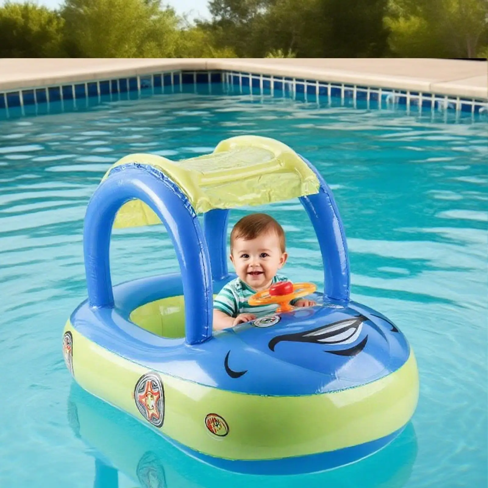 Toddler Pool Floats Swim Floats For Toddler Inflatable Car Shape Canopy Flotation Trainer Toys With Sunshade For Summer Beach