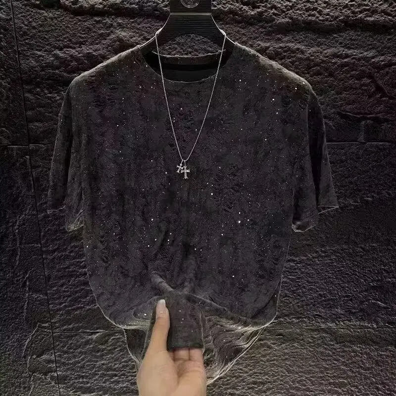 Summer Trendy Light Luxury Starry Hot Diamond Short sleeved T-shirt for Men, High end Simple and Versatile Fashion Piercing Half