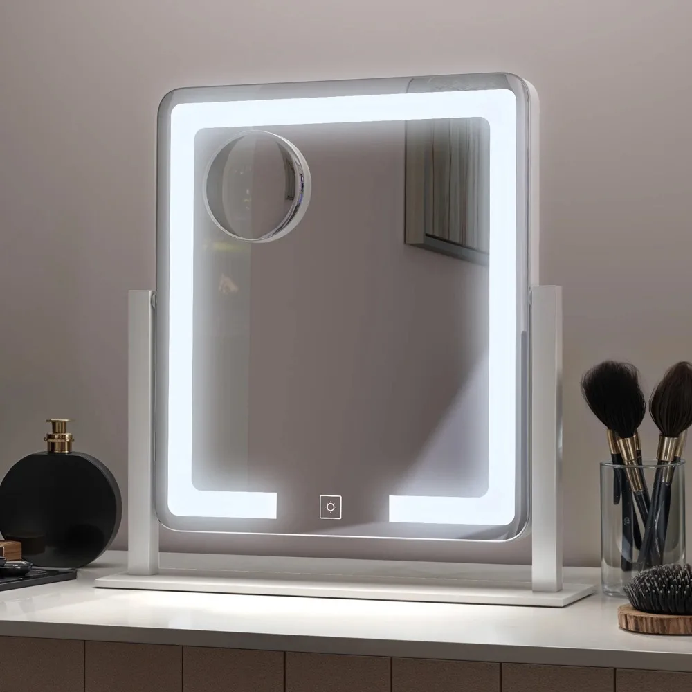 Espelho de maquiagem LED inteligente com 360 °   Rotação, ampliação 10X e 3 modos de luz, espelho de vaidade com controle de toque para maquiagem de precisão