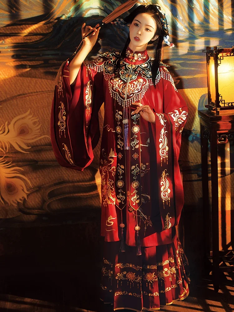 

WATER Phoenix Ming Dynasty Hanfu Dresses Women Embroidered Placket Horse Face Skirt Red Wedding Cloth Female Spring Ancient