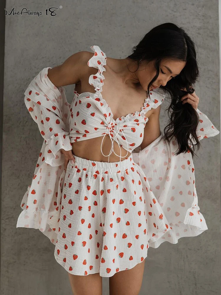 Mnealways18 Printing Strawberry Three Pieces Sets Cotton Shorts With Corsets Women Homewear 2024 3 Pieces Suits Summer Autumn