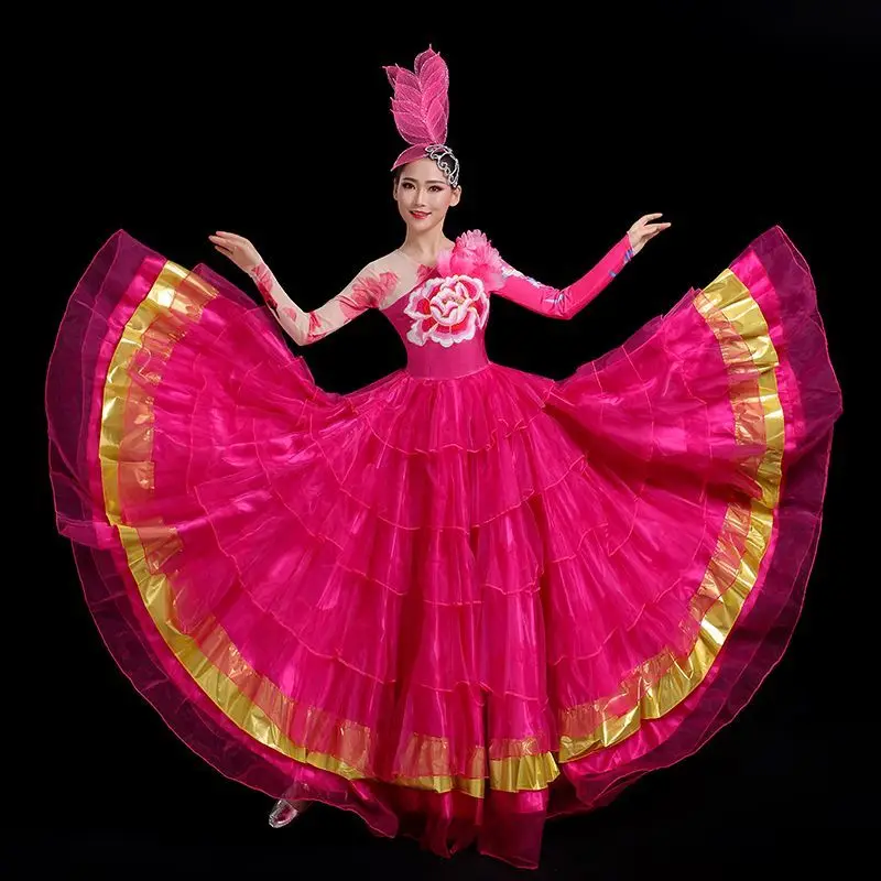 Spanish Bullfight Red Dress Flamenco Dance Performance Costume Opening Dance Big Swing Full-skirt for Adult Fluffy Dancing Wear