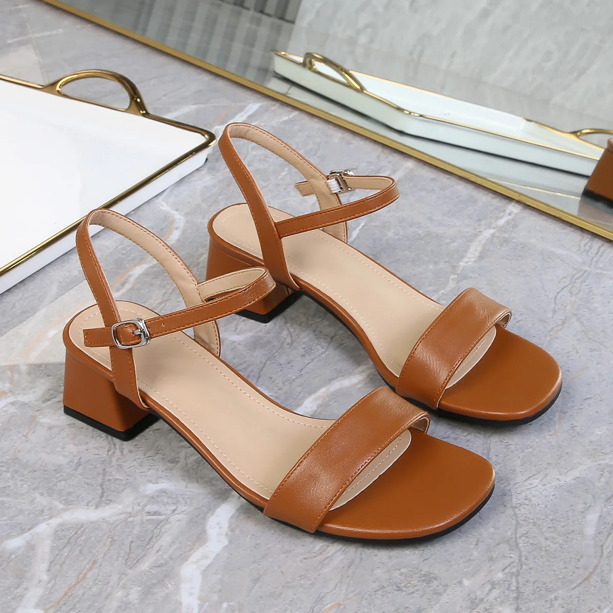 Sandals for Women Summer Fashion Soft Leather Chunky Sandals Round Head Open Anti-slip Wear-resistant High Heels Plus Size 44 image 3