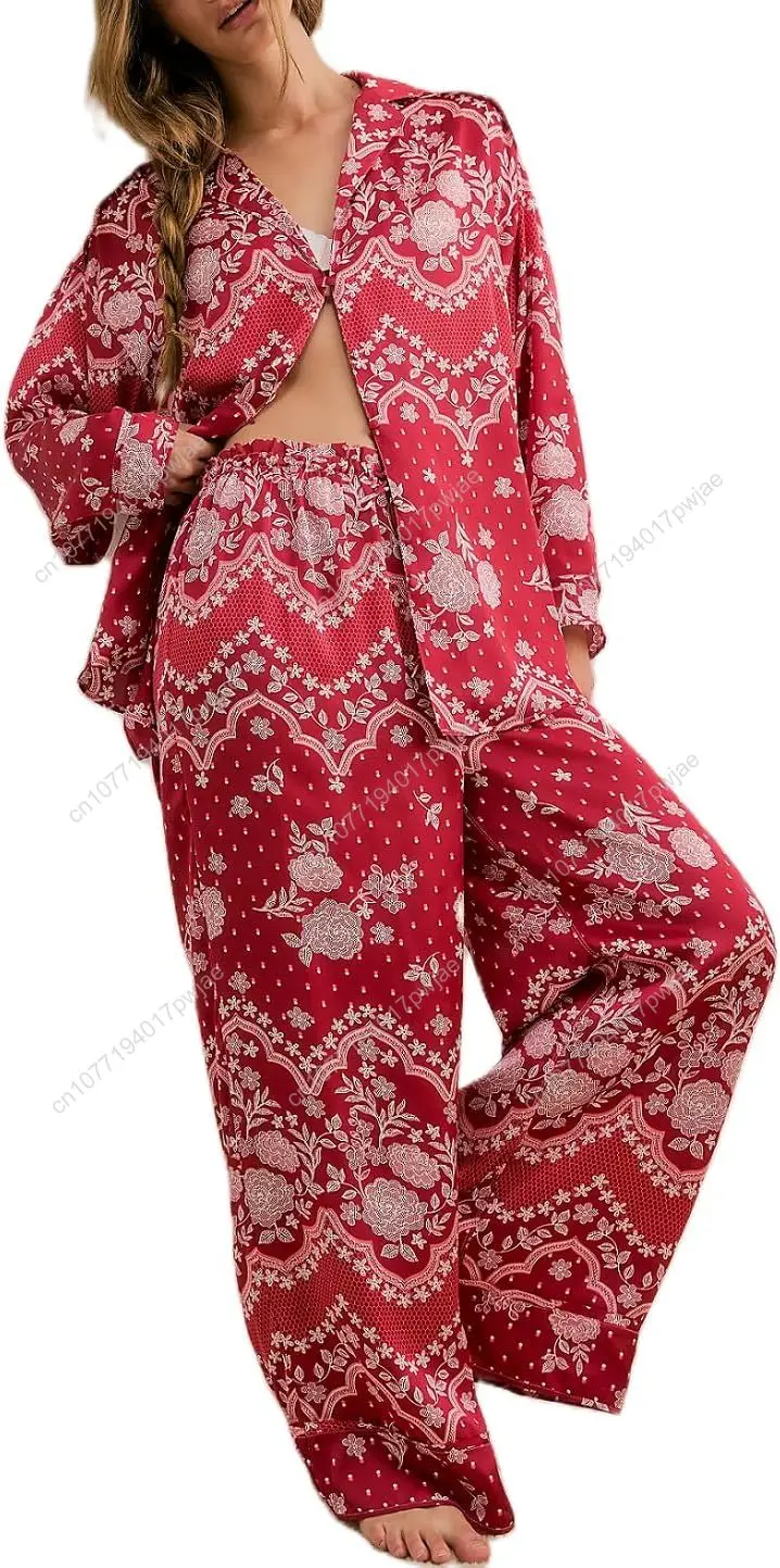 ชุดนอนผ้าไหมสไตล์ Y2K สำหรับผู้หญิง ลายดอกไม้ เสื้อเชิ้ตแขนยาวติดกระดุม กางเกงขายาวทรงกว้าง ชุดลำลอง 2 ชิ้น