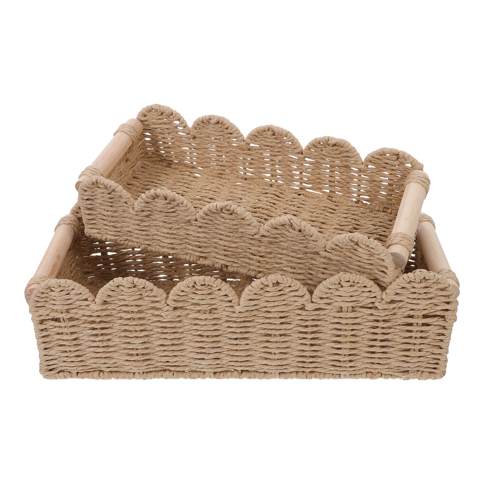 

Набор из 2 плетеных корзин ручной работы из бумажной веревки с фестончатым краем и деревянными ручками, декоративный органайзер для ванной комнаты, для хранения туалетной бумаги на полке