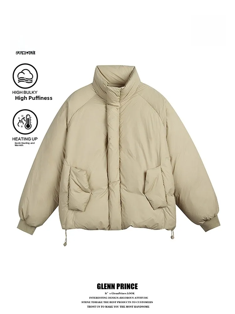 

Зимняя теплая верхняя одежда GPstudio: мужская и женская куртка-пуховик свободного кроя с воротником-стойкой, белая, из дува