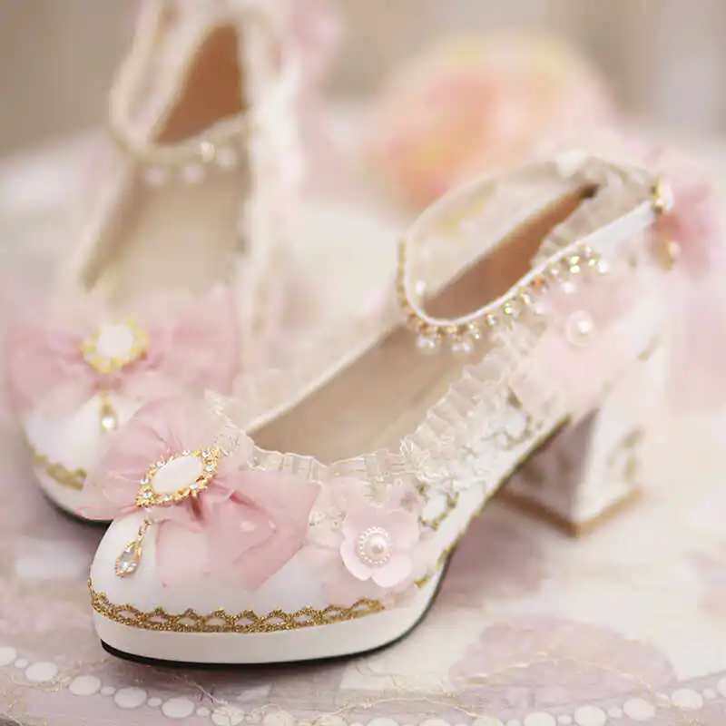Lolita Flower Wedding High Heel Lo Shoes Adult Ceremony Gorgeous Chunky Heel 18-Year-Old Shoes