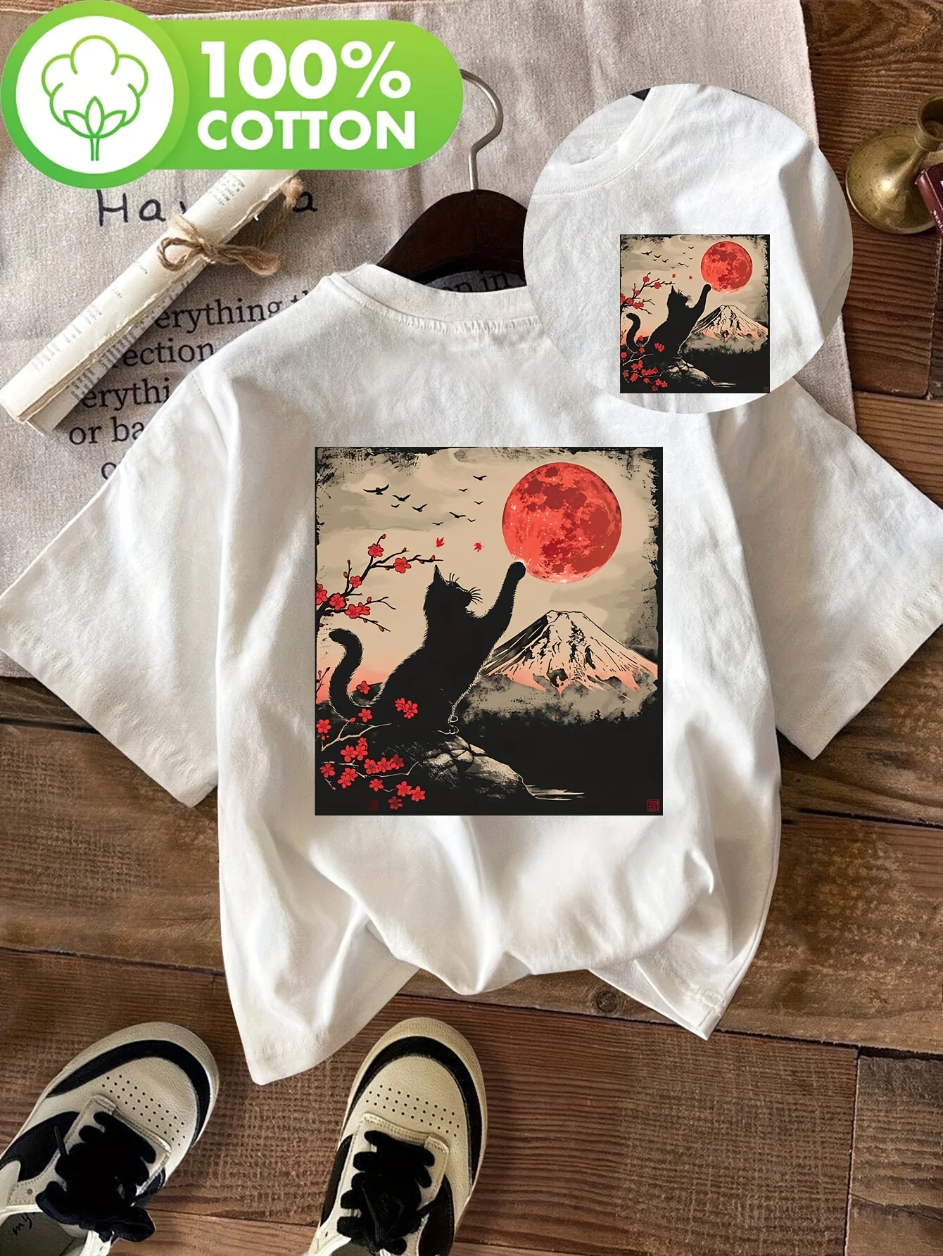 Women Vintage Japanese Art Print 100% Cotton T-Shirt Black Cat & Mount Cherry Moon Design Short Sleeve Crew Neck Casual Top