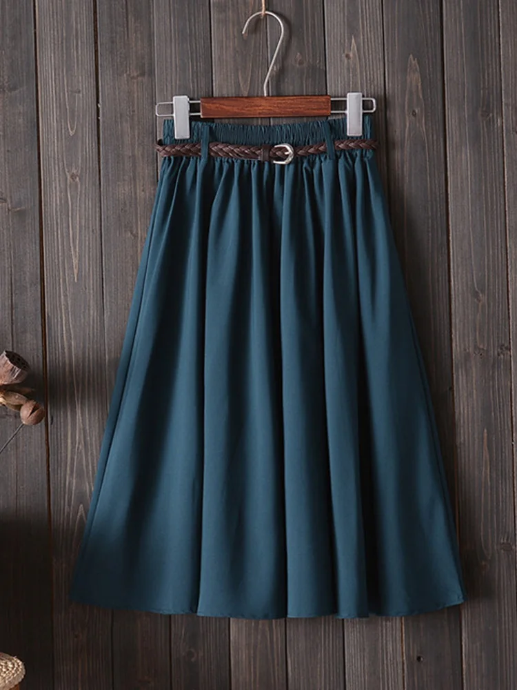 Midi Knee Length Summer Skirt Women With Belt 2024 Fashion Korean Ladies High Waist Pleated A-line School Skirt Female