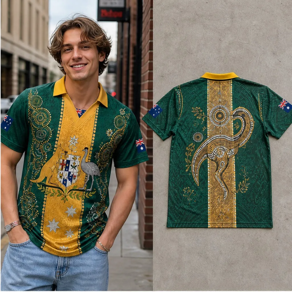 Mens Australia Ornate Kangaroo Emu Crest Semi Polo V Neck T Shirt Short Sleeve Casual Streetwear Top in Vintage Style Daily Wear