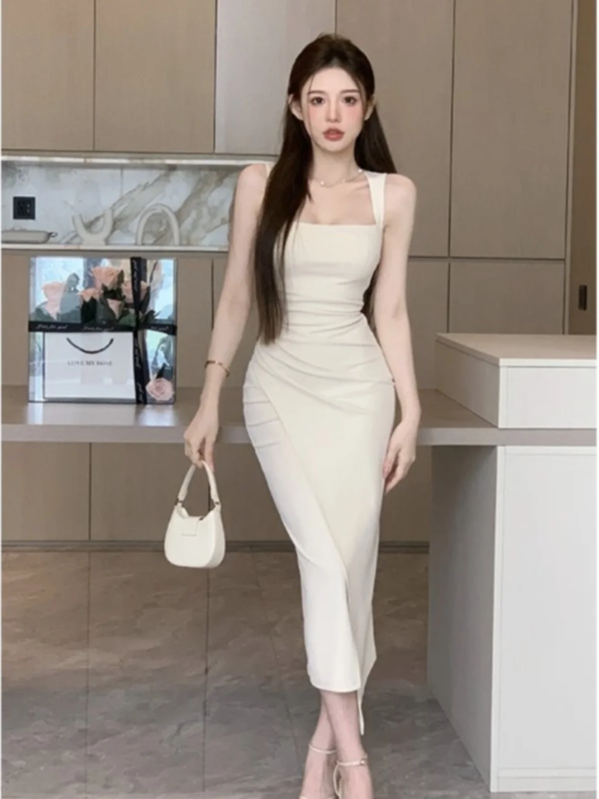 Summer Design Square Collar Bridesmaid Long Dress Women's Stylish Sleeveless Bodycon Gown High Waist Korean Style Midi Dress