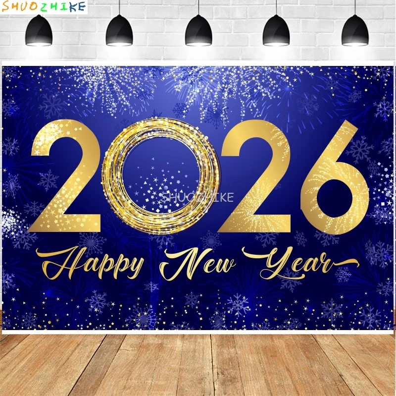 

2026 Gold Happy New Year Background Glitter Clock Champagne Lights Balloons Christmas Family Party Photography Backdrop NY-03