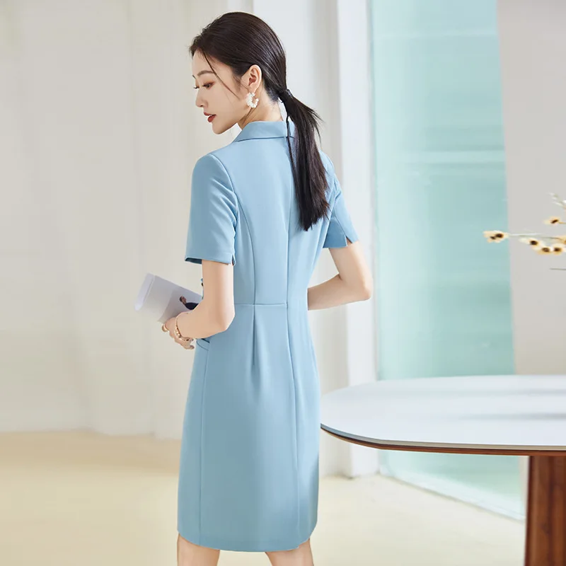 2025 été bureau dame dos fermeture éclair col cranté manches courtes mince moulante robe midi rose mode coréenne affaires robe de travail