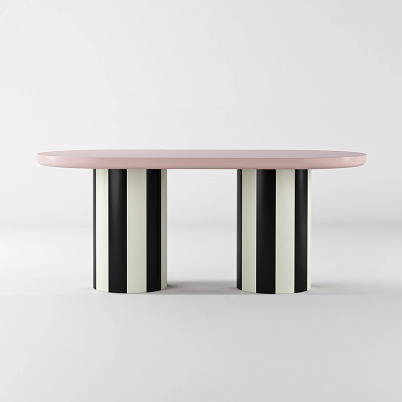 un-French Mid-Century Modern Cream Dining Table Simple Designer Creative Reception Table Oval Solid Wood Long Pink Table-