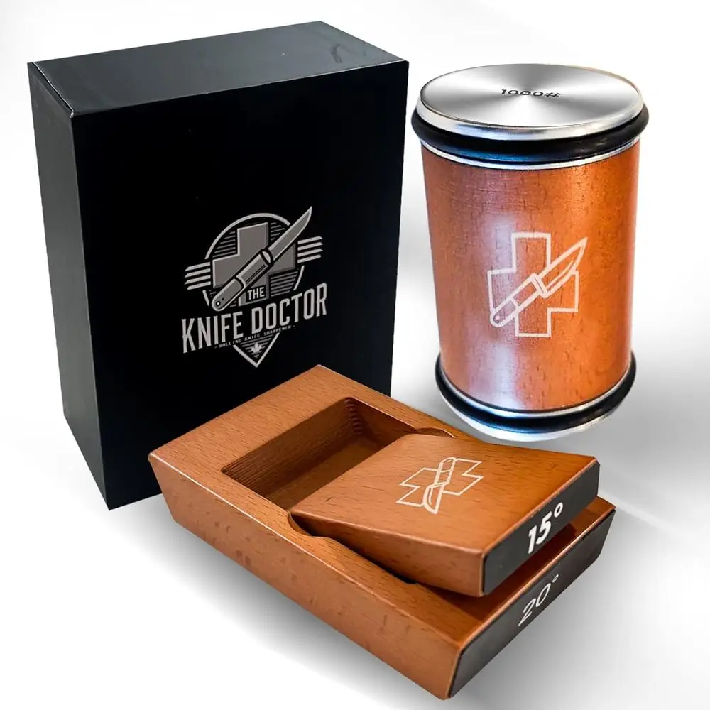 

Rolling Knife Sharpener Kit - Two-Piece Wooden Block Knife Sharpening System for Kitchen, Japanese & Pocket Knives - 15-20 Degre