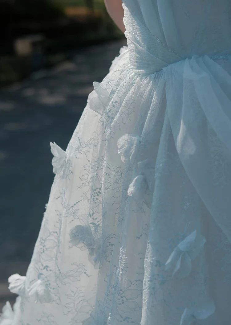 Vestido de noche azul claro, vestidos largos florales para graduación, sin tirantes, con cordones en la espalda, vestidos de fiesta L & P DQL Studio Fotos reales