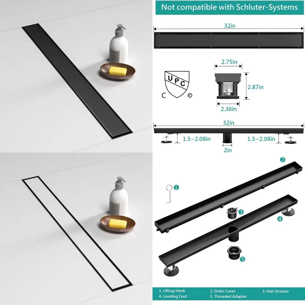 

Stainless Steel 32 Inch Rectangular Shower Drain with Tile Insert Cover, Dual Function AISI 304 Brushed Finish for Modern Bathro