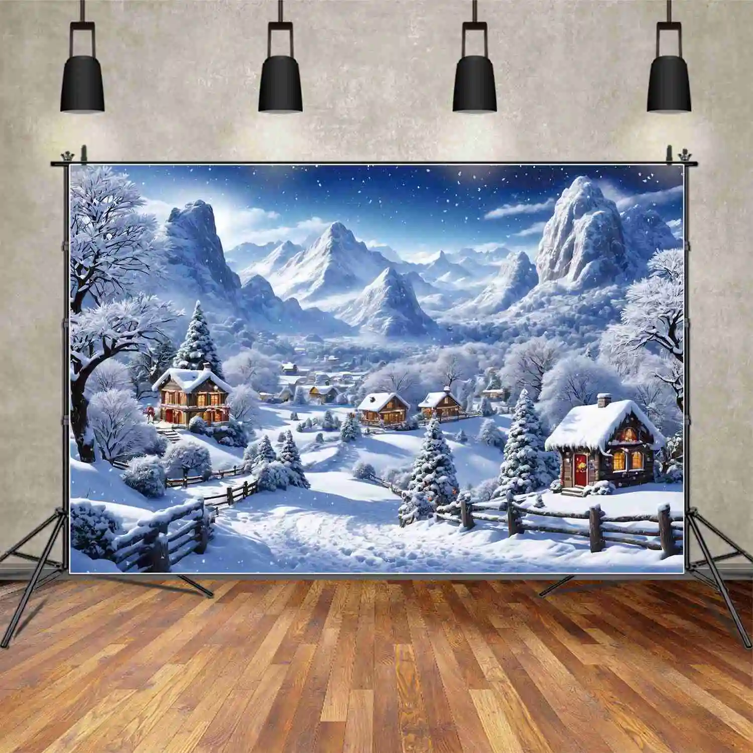 MOON.QG Backdrop Christmas Village Photozone Background Wood House Winter Decoration Snow Mountain Road Photocall Shooting Props