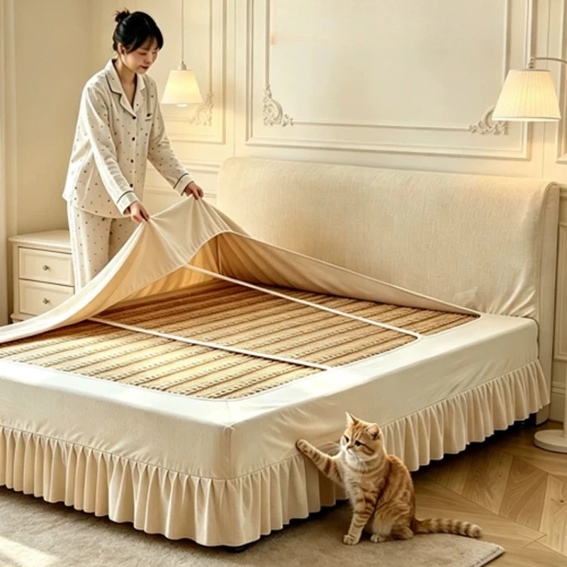 Stretch Chenille Bed Headboard Cover Ruffled Bed Skirt Anti-Scratch Washable Dustproof Bed Frame Slipcover for Bedroom Decor