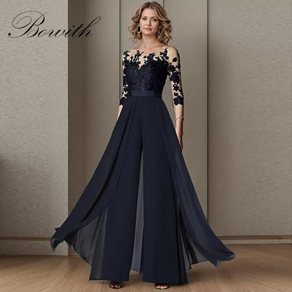 

Bowith Customized Lace Mother of The Bride Wedding Jumpsuits 3/4 Long Sleeves Formal Pant Suits for Women