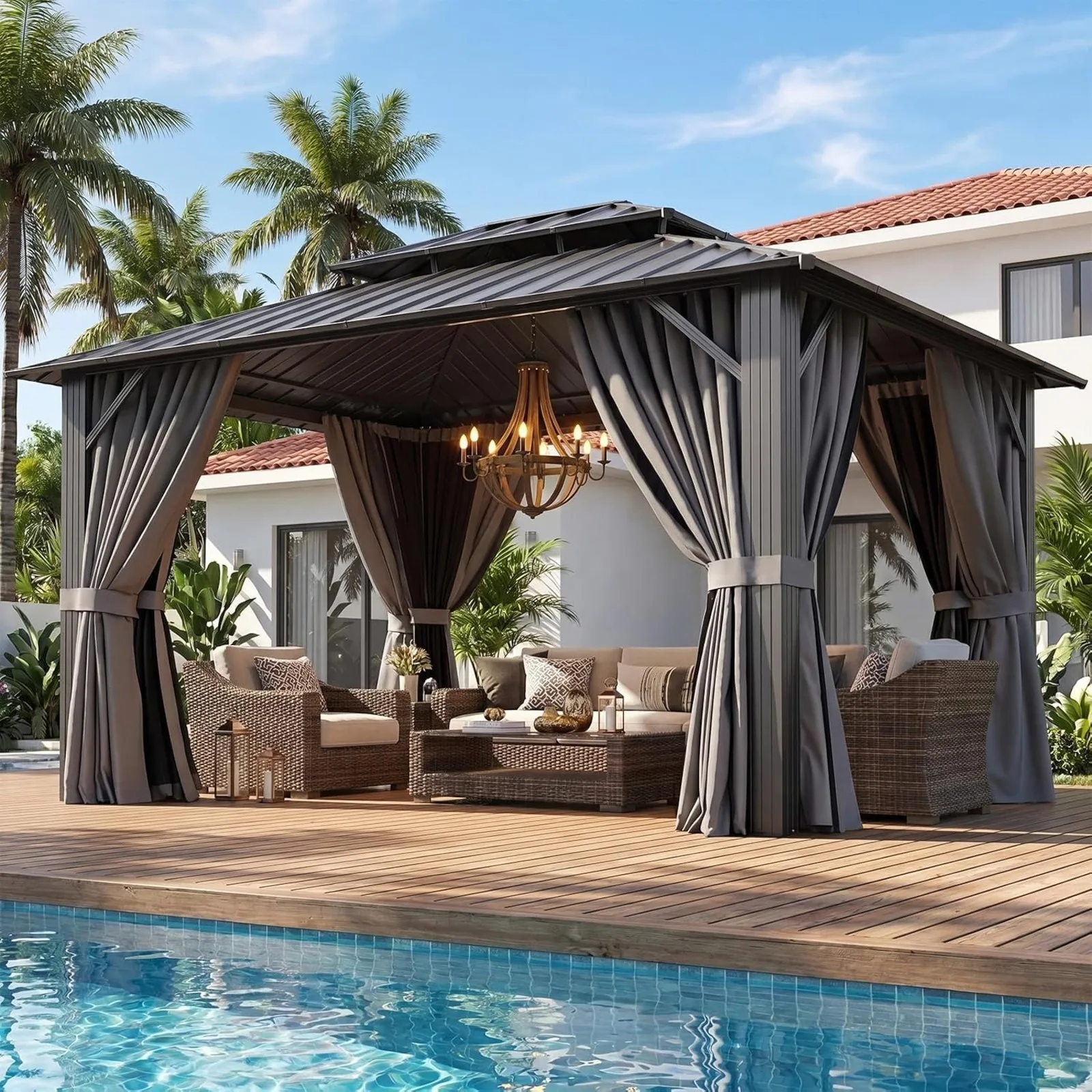 Hardtop Gazebo with Double Galvanized Steel Roof, Gray | Metal Frame Outdoor Pavilion with Breathable Netting and Privacy Curtain for Backyard