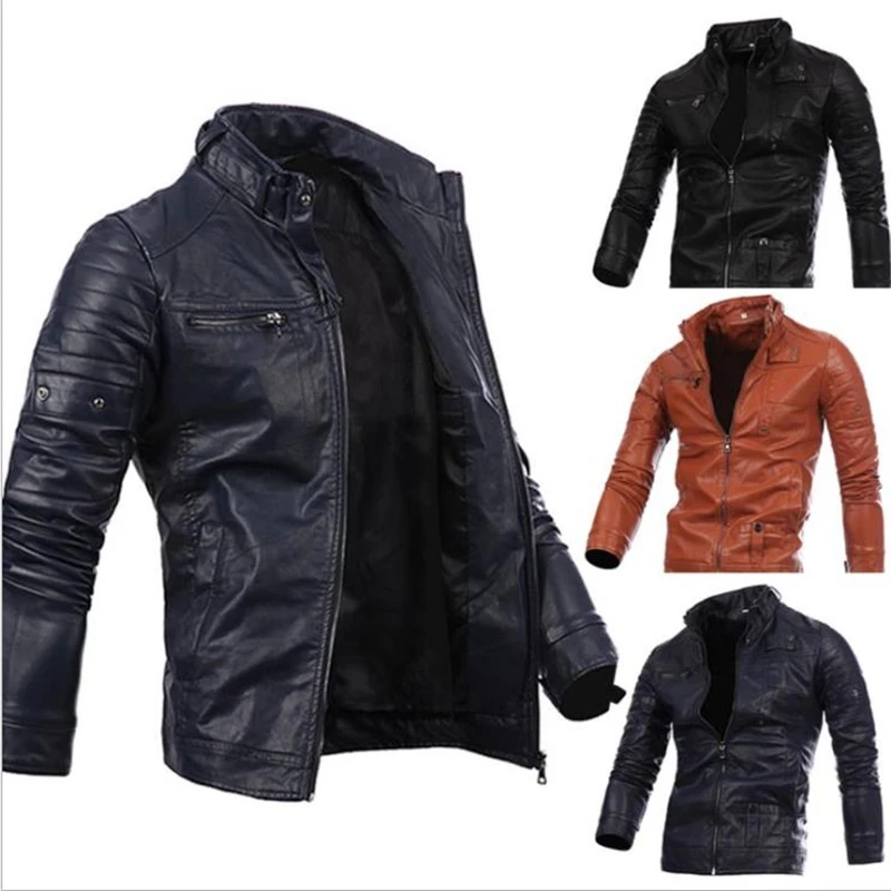 Motorcycle Vintage Faux Leather Jacket Coat Men Biker Zipper Pu Leather Jackets Men Leather Coat Men Fur Coat Men Leather Jaket