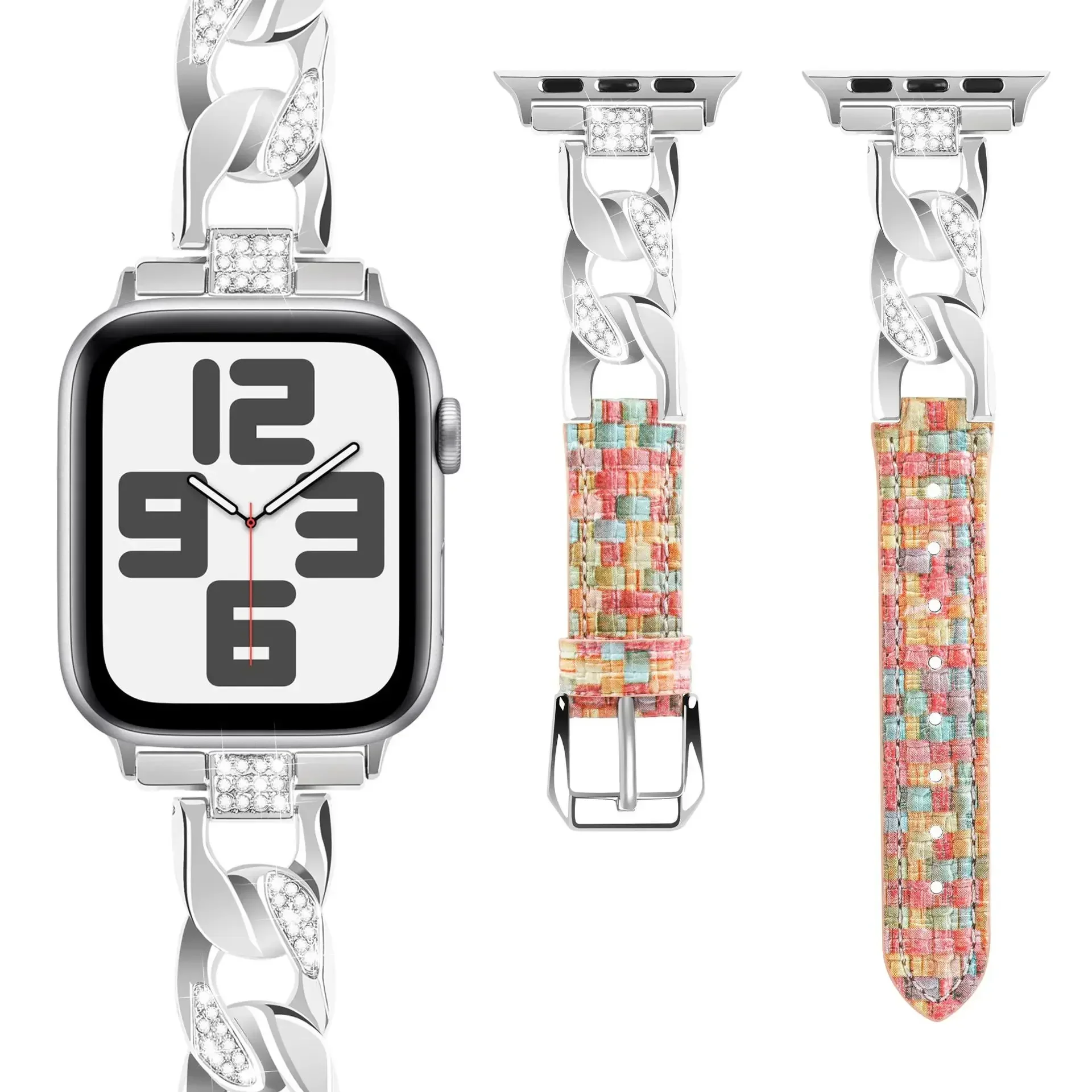 Metal diamond inlaid leather strap For Apple watch 9 8 7 41mm 45mm Ultra 49mm Women's bracelet For iwatch 6 5 4 3 SE2 40mm 44mm