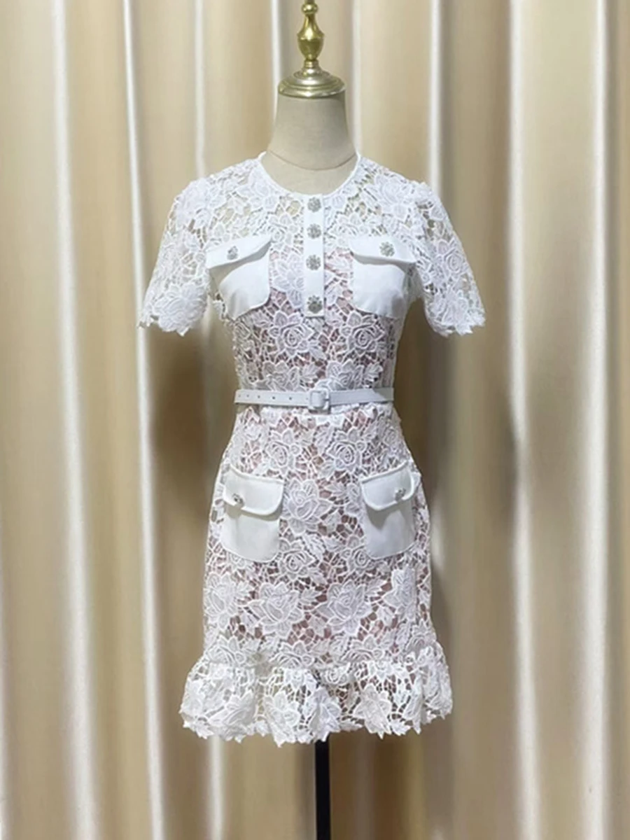 VGH Aushöhlen Stickerei Solide Kleider Für Frauen Revers Kurzarm Hohe Taille Verstärktes Tasche Sommer Mini Kleid Weibliche Mode