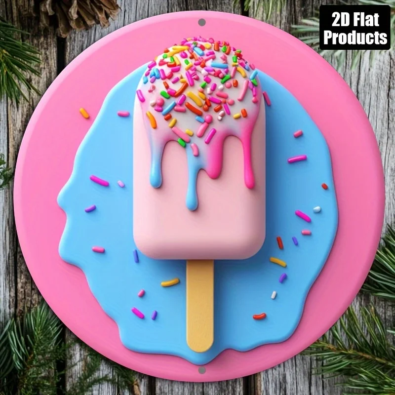 2D Flat Ice Cream Cone Wall Decoration - Pink And Sprinkles, Durable Aluminum Dessert Themed Decoration with Easy Hanging Instal