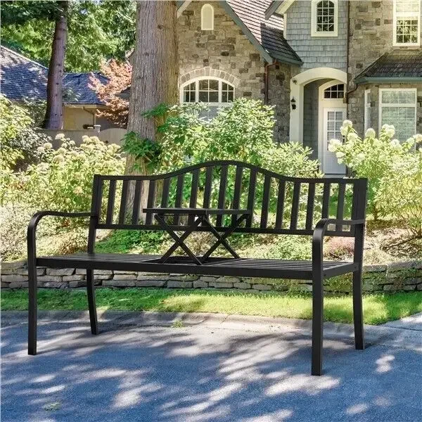 A Park Garden Bench Outdoor Metal Bench with Pullout Adjustable Middle Table