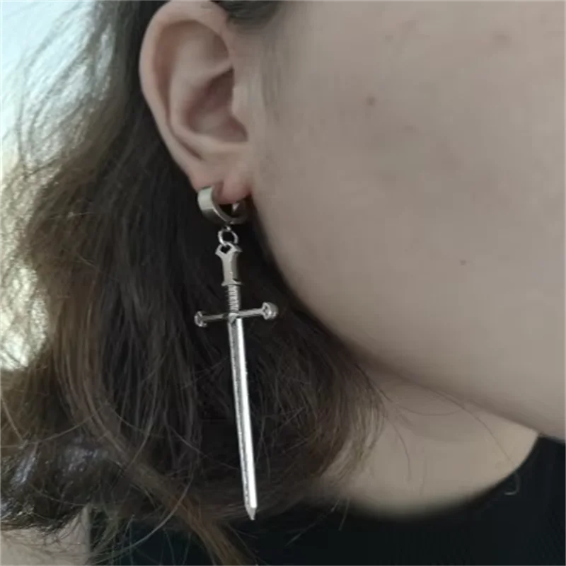 Gothic Long Sword Earrings For Women Man Fashion Cool Punk Rock Party Jewelry Accessories Gift Fantasy Cross Sword Ear Hooks