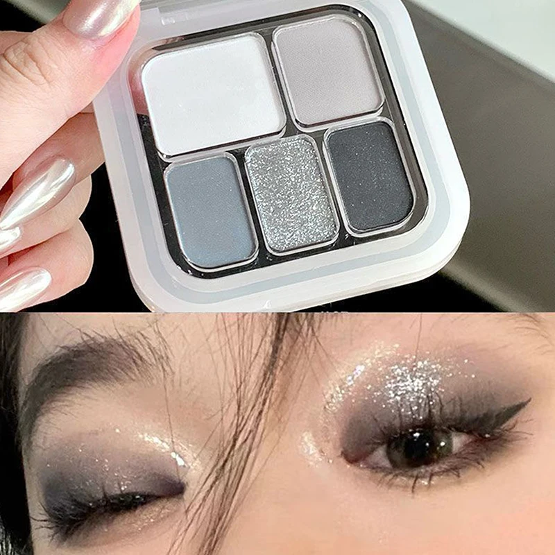 5-Color Punk Smokey Eye Makeup عينيه لوحة فضي أبيض أسمنتي رمادي داكن أسود غير لامع ولامع مكياج حفلات دائم