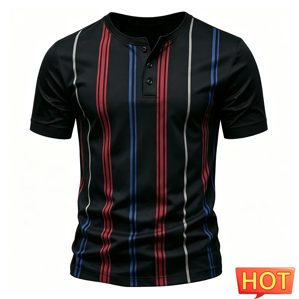 Funny Stripe Print Men's Henry Shirt Summer Casual Simple Button Tops Fashion Henry Collar Short Sleeve Tee Hip Hop Men Clothing