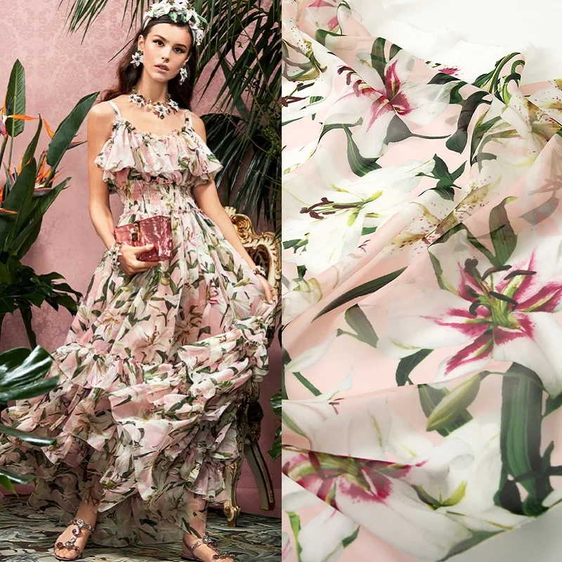 Spring and summer pink lily printed on chiffon clothing fabric textile material dress designer diy handmade light transparent