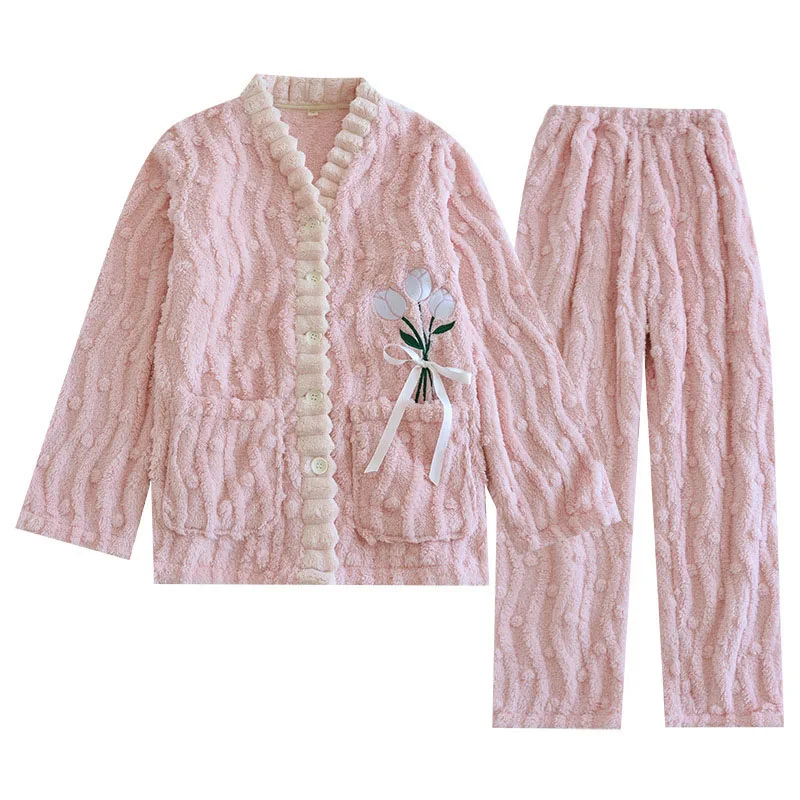 Flannel Cardigan Thick Sleepwear Suit V-Veck Embroidery Tulip Women's Pajamas Autumn Winter Fleece Warm Cotton Home Nightgown