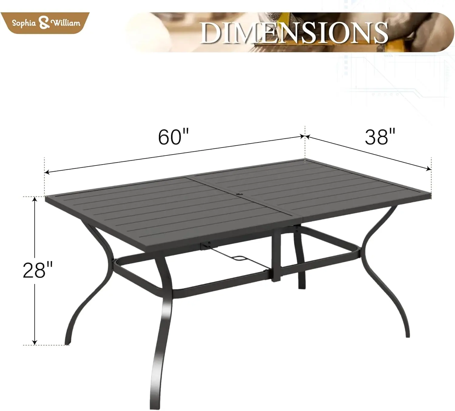 Sophia&William 6 people metal black steel plate outdoor dining table with 2-inch adjustable umbrella hole L60 * W38 * H28