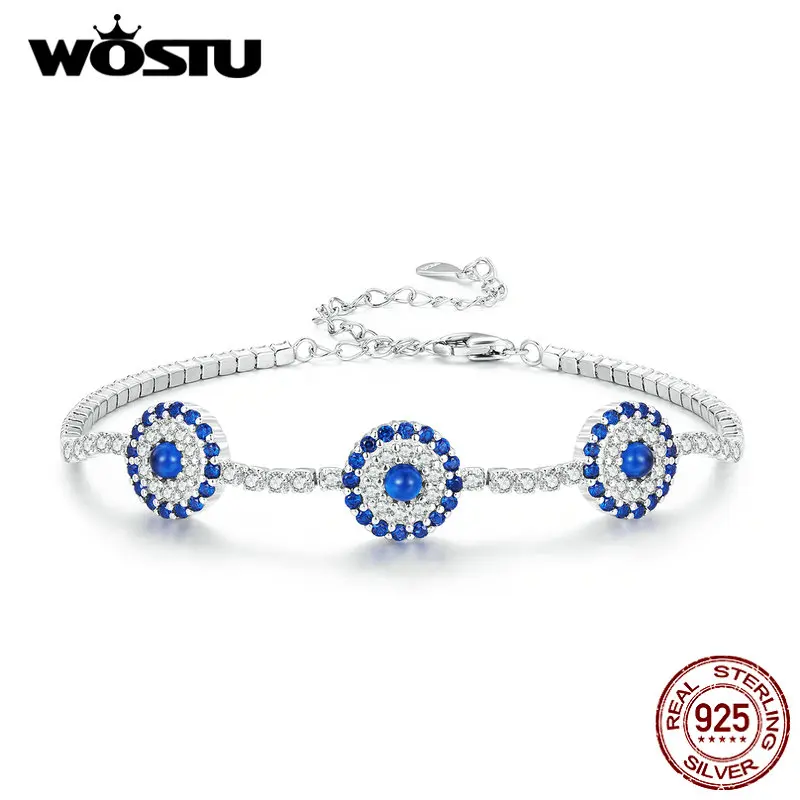 WOSTU 925 Sterling Silver Lucky Evil Eye Tennis Bracelets for Women Lovely Guard Chain Bracelet Girl Birthday Fine Jewelry Gift